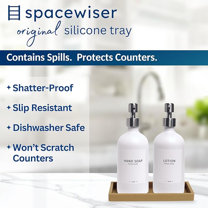 Spacewiser Countertop and Vanity Tray – Small 7.7" Silicone Soap Dispenser Trays, Flexible Bathroom Trays, Dish Soap Holder Kitchen Counter Caddy, Organizer Sink Tray for Soaps Bottles, Sponge, Keys