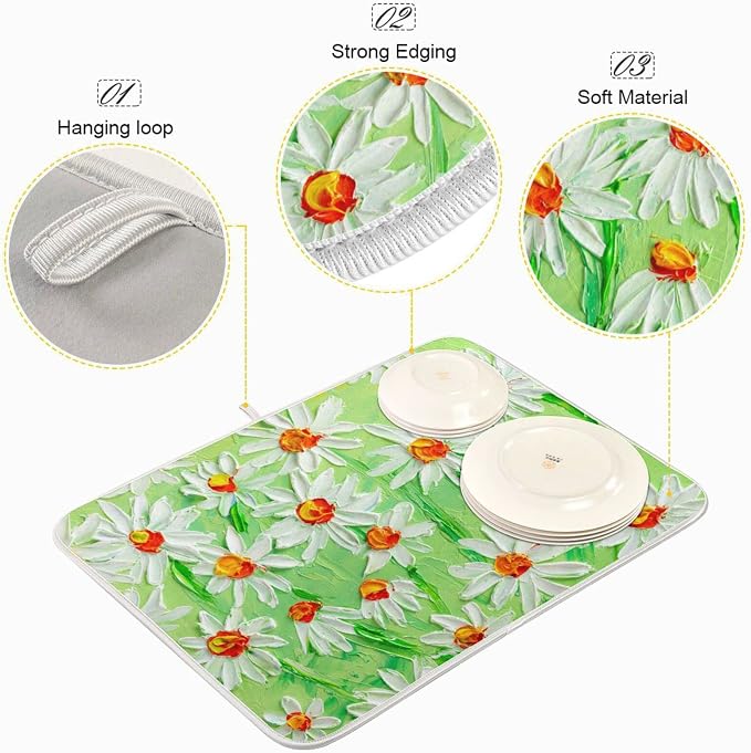 Absorbent Dish Drying Mat for Kitchen Counter - Green Sunflowers Oil Painting Microfiber Drying Pad, Reversible Drainer Mats for Countertop, Small 16 x 18 inch