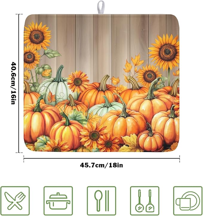 Fall Orang Pumpkin Dish Drying Mat for Kitchen Counter 16 x 18 Inch Autumn Sunflower Dish Drainer Mat Absorbent Microfiber Thanksgiving Wooden Dish Rack Pad for Coffee Dining Bar Decor