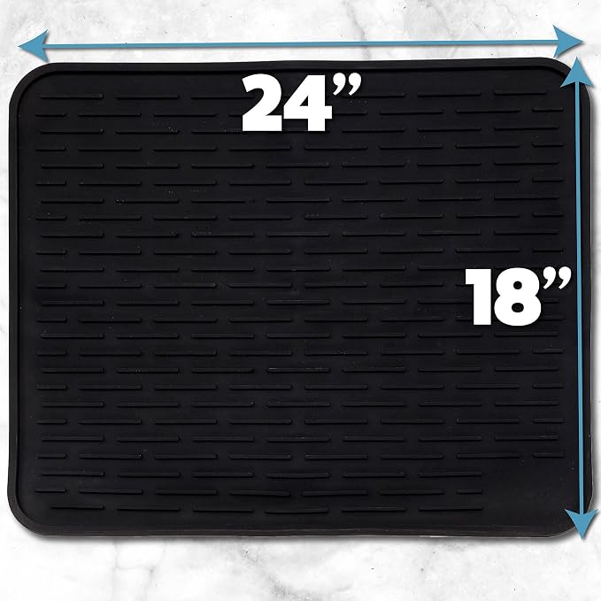 XXL Silicone Dish Drying Mat for Kitchen Counter or Under Sink, 24" x 18" Extra Large, Waterproof Pet Feeding Mat, Dog Food, Water Bowls, Under Drying Racks for Dishes, Coffee Bars, Bar Mats (Black)