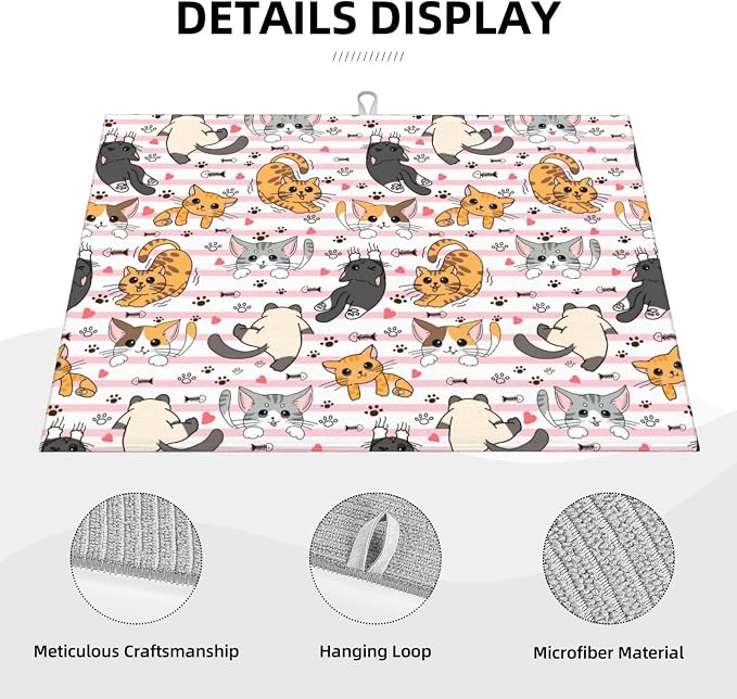 Cute Cat Dish Drying Mat for Kitchen Counter Cute Kitchen Dish Mat Microfiber Kitchen Countertop Absorbent Reversible Drainer Rack Pad