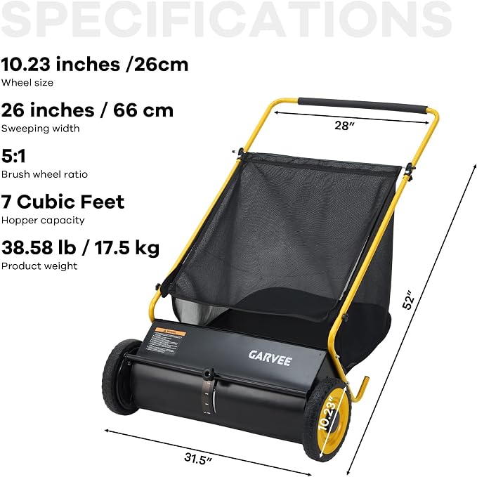 Garvee Push Lawn Sweeper, 26 in Leaf & Grass Collector with 7 cu. ft. Hopper Bag, Heavy Duty Yard Sweeper with Clear Dust Cover & Large Collection Bag for Lawn Yard Cleanup