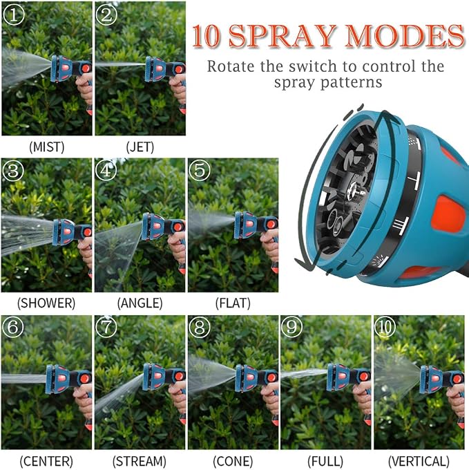 HmiL-U Garden Hose Spray Nozzle - 10 Adjustable Patterns Metal High Pressure Hose Nozzle with Thumb Control Design, Hose Sprayer for Garden & Lawns Watering, Cleaning, Pets & Car Washing
