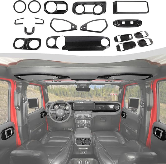 21PCS Full Set Interior Trim Kit for 2024-2026+ Jeep Wrangler JL JLU & Jeep Gladiator JT, Dashboard Side Outlet Door Handle Bowl Headlight Switch Roof Reading Light Cover (Black Carbon Fiber)