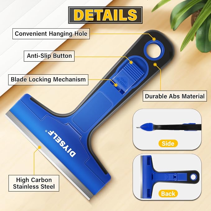 DIYSELF Razor Blade Scraper with 10 Extra 4" Blades, Scraper for Cleaning | Glass Scraper for Cleaning, Glass Stove Top Scraper, Window Scraper, Paint, Cooktop, Oven Scraper, Razor Scraper Tool, Blue