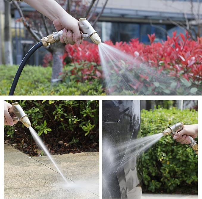 100% Metal Heavy Duty Garden Hose Nozzle with Brass Nozzle with 4 Patterns | Fits 3/4” Garden Hose Thread for Plants, Lawns, Cars, Patio, Car, Window