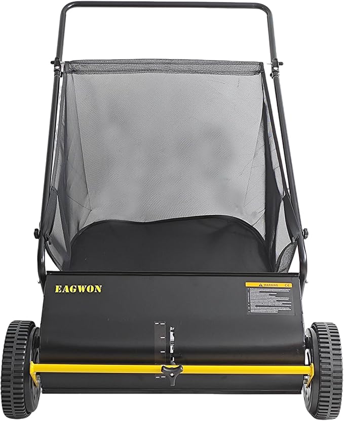 Push Lawn Sweeper, 26-Inch Width, 7 Cu. Ft. Hopper Capacity, 4 Spinning Brushes, Adjustable Height, Durable Steel Frame with Rubber Wheels,Yellow&Black