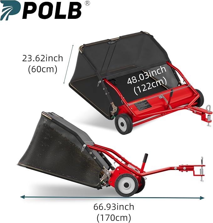 48" Lawn Sweeper Tow Behind - Pull Behind Grass Sweeper with 25.16 cu. ft Large Hopper, Heavy Duty Leaf & Grass Collector, Adjustable Brush Height Lever and Dumping Rope, Lawn and Yard Cleanup Tool