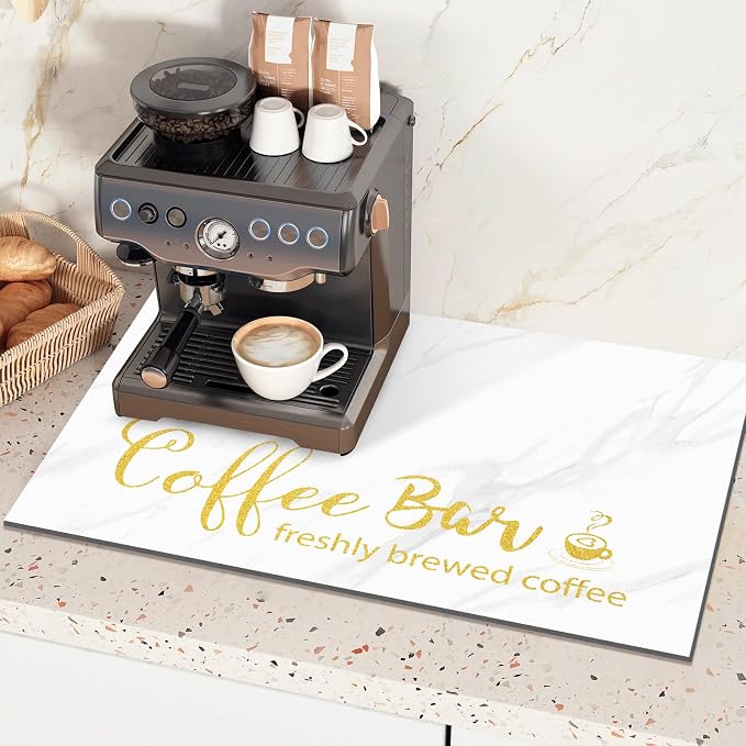 Findosom Dish Drying Mat, 18" x 24" Super Absorbent & Hide Stain Coffee Mat, Cuttable Drying Mat for Kitchen Counter, Coffee Bar Accessories, Under Dish Rack, Coffee Maker, Espresso Machine, White