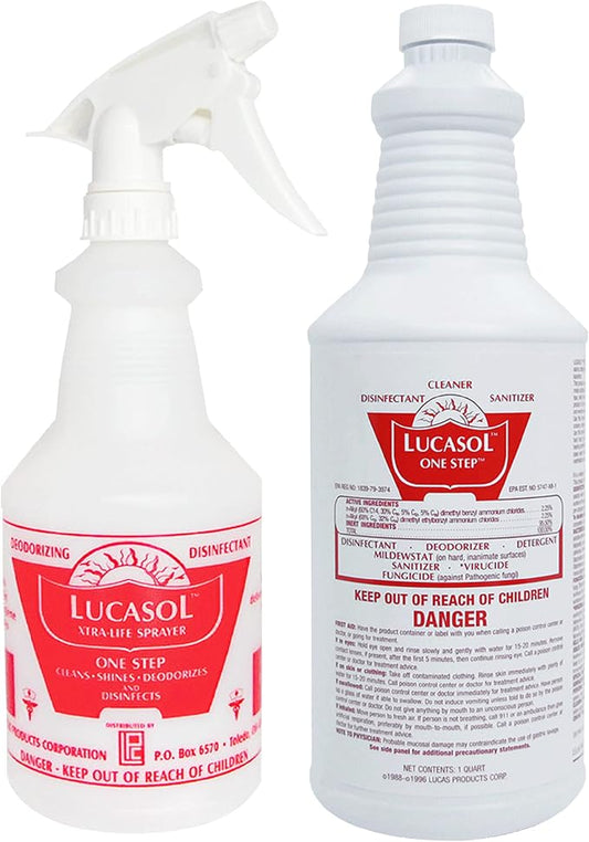 Lucasol One Step Disinfectant, 32 Fl Oz Disinfectant & 24 Oz Empty Refillable Spray Bottle Combo. Multi Purpose Cleaner Spray For Hospitals, Schools, Salons, Household Cleaning And More