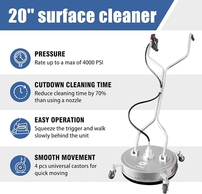 JANZ 20'' Pressure Washer Surface Cleaner with Dual Handle | with 4 Wheels,Stainless Steel Housing,4 Replacement Nozzles and 2 Hose Adapters, for Driveways, Sidewalks Cleaning
