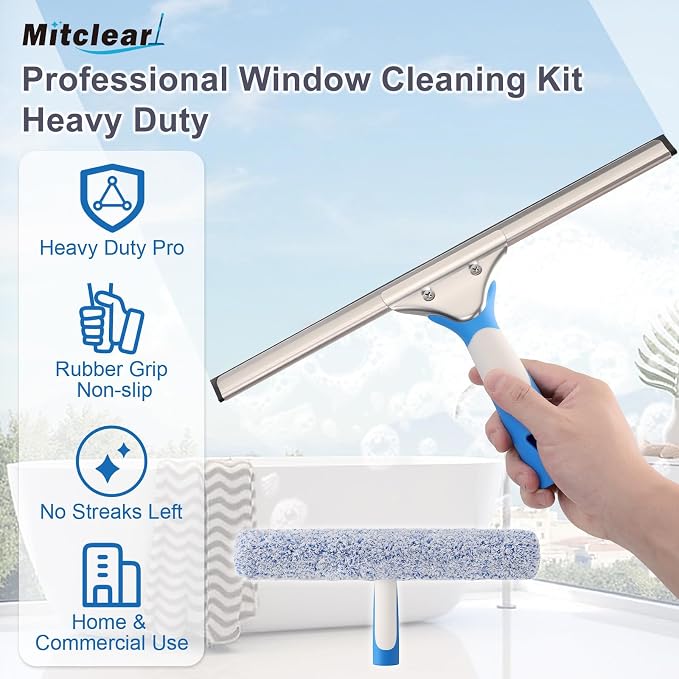 Mitclear Professional Window Cleaning Kit 14IN, Windows Cleaner Tool with Silicone Squeegee, Microfiber Scrubber & Cloth, Window Washing Equipment or Home Shower Glass Doors Car Windshield