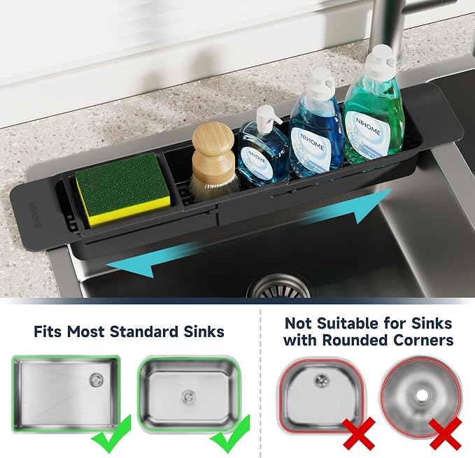 NiHome Extendable Sink Kitchen Organizer, Extra Long Telescopic Brush Storage Rack for Sponge, Non-Slip Pads Expandable Sink Caddy, Adjustable Sponge/Brush Rack with Drainage Durable ABS (Black)