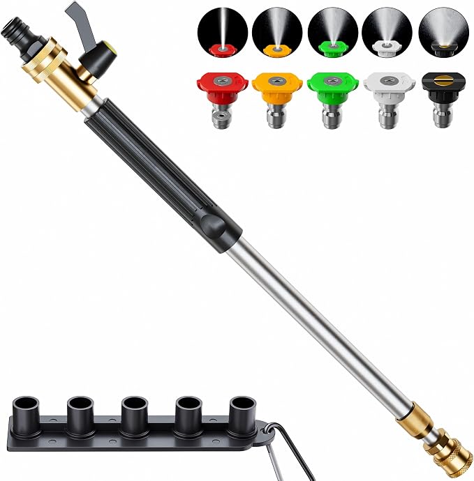 Telescopic Garden Hose Wand with 5 Tips, Holder & Quick Connectors | Extendable wand,5 spray tips,Sturdy holder,Quick-connect fitting,Rust-proof,Non-slip grip,for Cars,Patio,Garden,Porch