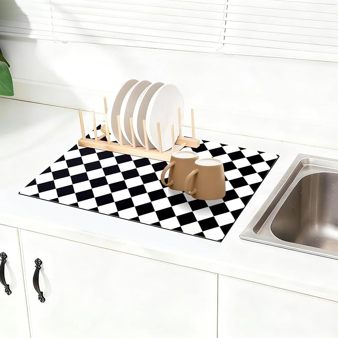 Checkered Dish Drying Mat for Kitchen Counter 24x16 Inch Super | Resistant Mat Reusable Place Mats,Aesthetic Coffee Car Accessories,Office Desk Pad Protector