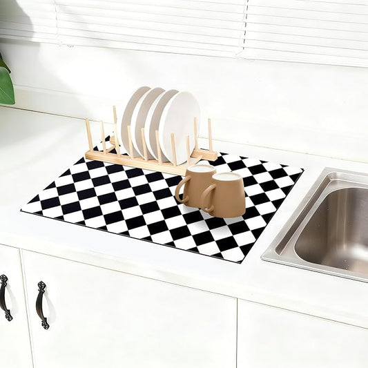 Checkered Dish Drying Mat for Kitchen Counter 24x16 Inch Super | Resistant Mat Reusable Place Mats,Aesthetic Coffee Car Accessories,Office Desk Pad Protector