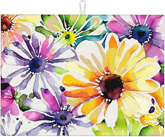 Colorful Flowers Dish Drying Mat For Kitchen Counter, Super Absorbent Microfiber Dish Drying Pad, Kitchen Gadgets For Easy Clean Multi-Use Large 18"x24"