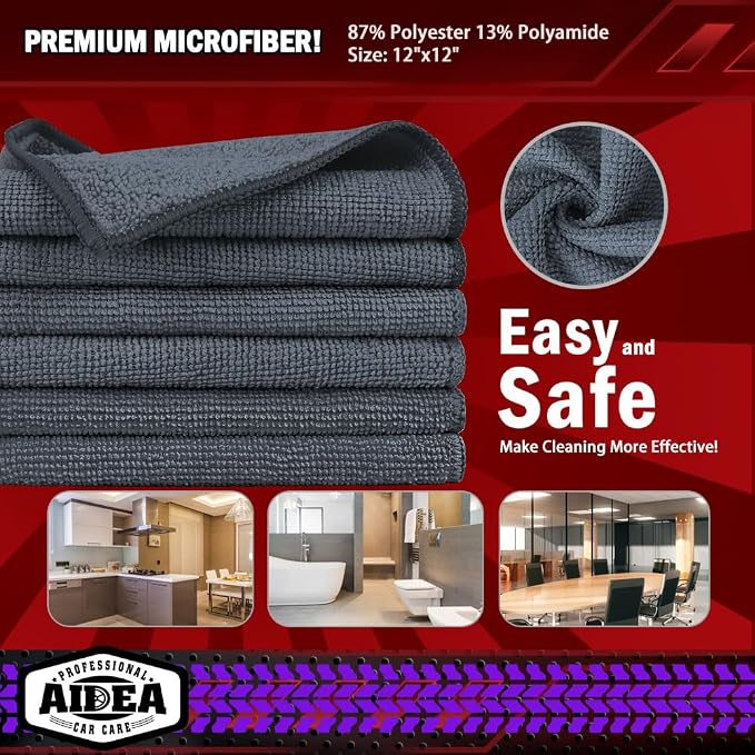 AIDEA Microfiber Cleaning Cloth Grey, 600PK, Microfiber Towels for Cars, Shop Towels Cleaning Rags, Premium Wash Cloths, Absorbent Towel for SUVs, House, Kitchen, Commercial, Cleaning Supplies 12×12"
