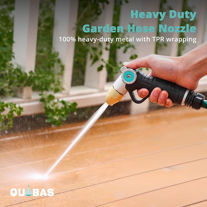 QUOBAS Garden Hose Nozzle Sprayer, Heavy Duty Metal Water Garden Nozzle | Brass Nozzle with Thumb Control, 3 Watering Patterns, Jet Hose Sprayer for Car Wash, Driveway, Patio Cleaning & Garden