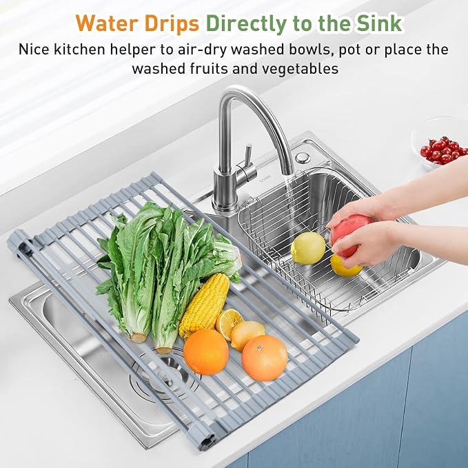 MERRYBOX Roll Up Dish Drying Rack, Over The Sink Dish Rack Foldable, Heat-Resistant, Anti-Slip Silicone Coated Steel Dish Drainer for Kitchen Sink, Multipurpose Roll Up Sink Drying Rack, 17.5" x 13"