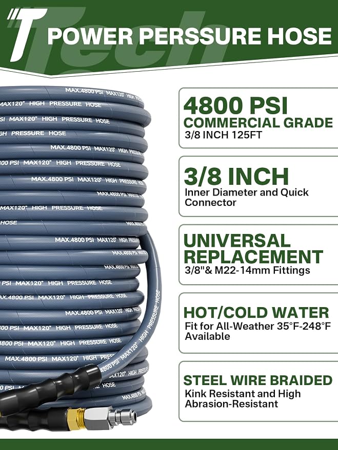 3/8" 4800PSI Pressure Washer Hose 125FT Swivel Quick Connect | Power Washer Hose for Cold/Hot Water Max 248°F, Kink Resistant Steel Wire Braided, Wear Resistant with M22 14mm Adapter