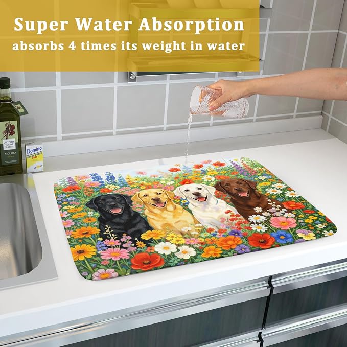 Spring Absorbent Drying Mat Colorful Flowers Dog Dish Drying Mat for Kitchen Counter 18 X 24 In