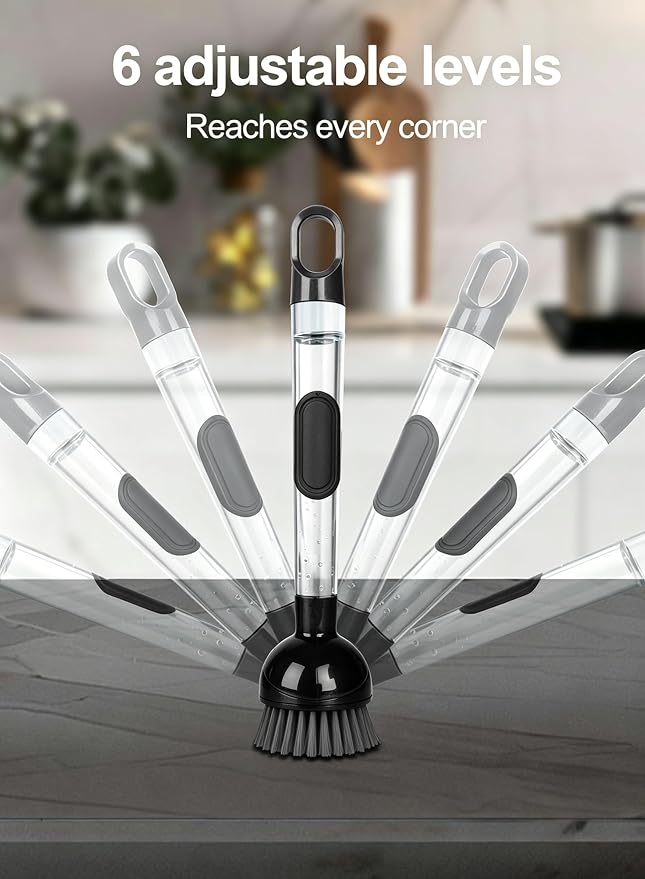 Soap Dispensing Dish Brush with Handle, 360° Rotating Head, 5-Piece Kitchen Cleaning Set (2 Brush Heads & 3 Sponges), Non-Scratch Scrubber for Pot, Pan, Sink, Leak-Proof Dishwand, Black
