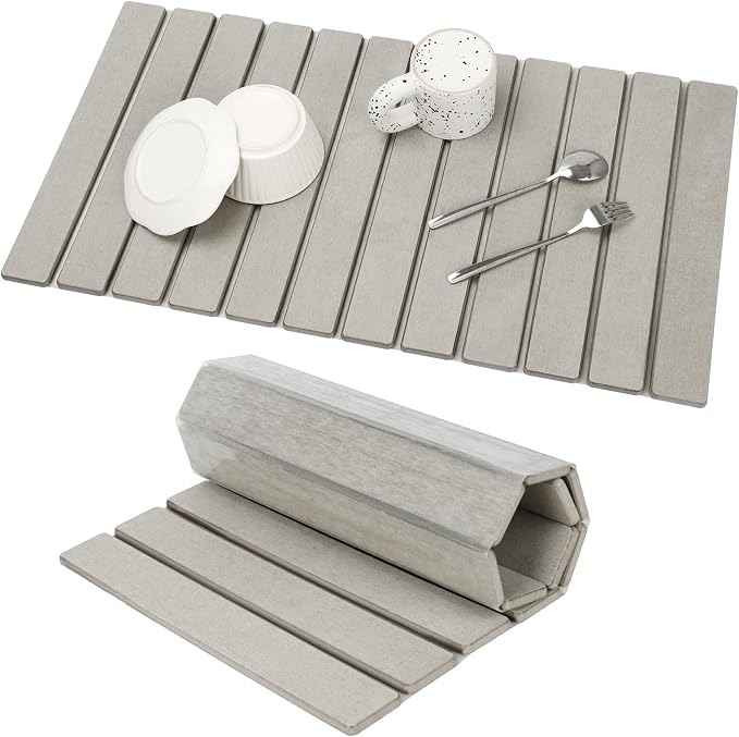 Extra Large Stone Dish Drying Mat for Kitchen Counter, 28"×16" Eco-friendly,Instant Drying Pad,Diatomaceous Earth Water Absorbing Mat, Foldable and Super Absorbent Dish Drying Stone Mat, Warm Gray