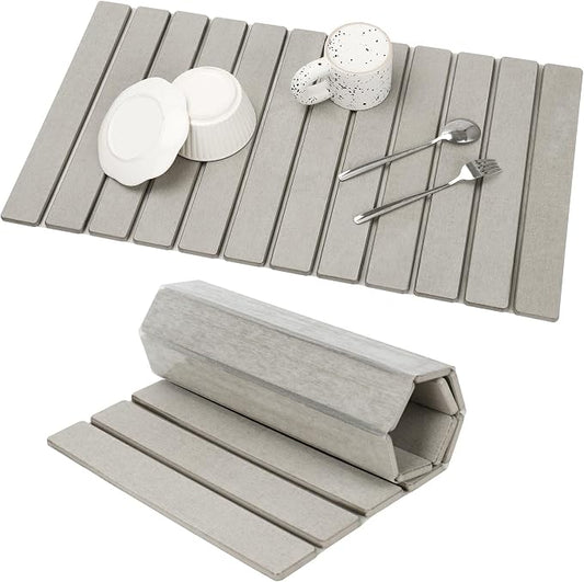 Extra Large Stone Dish Drying Mat for Kitchen Counter, 28"×16" Eco-friendly,Instant Drying Pad,Diatomaceous Earth Water Absorbing Mat, Foldable and Super Absorbent Dish Drying Stone Mat, Warm Gray