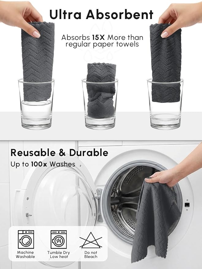 Microfiber Cleaning Cloths Roll, 75 Pack Tear Away Microfiber Towels Roll, 12" x 12" Lint Free Rags, Reusable Cleaning Cloths,Washable,Scratch Free,Ultra Absorbent Dish Rags(Dark Grey Ripple)