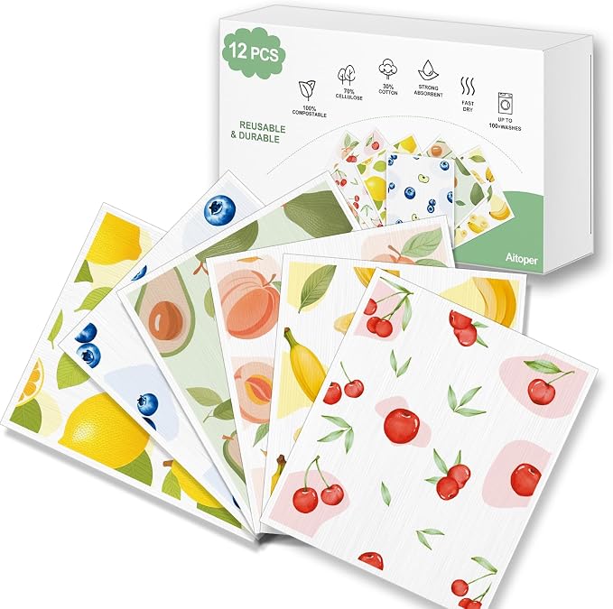 Swedish Dishcloths for Kitchen, 12 Pack Reusable Paper Towels, Super Absorbent, No Odor, Fast-Drying, Non-Scratch Cellulose Sponge Cloths for Counters Dishes Home Bar Table Wiping