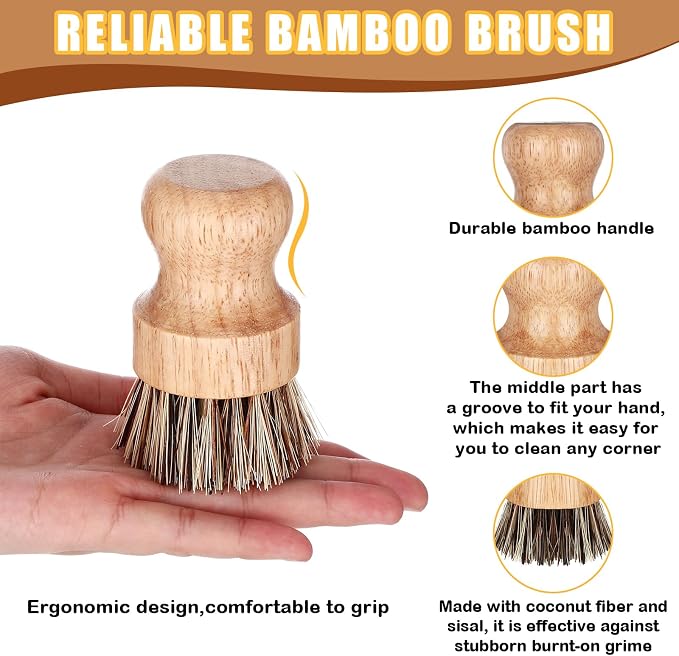 Nuenen 6 Packs Bamboo Dish Scrub Brushes Wooden Scrubbers Set Kitchen Dishwashing Scrubber with Natural Sisal Bristles for Iron Pot Pan Sink(Sisal)