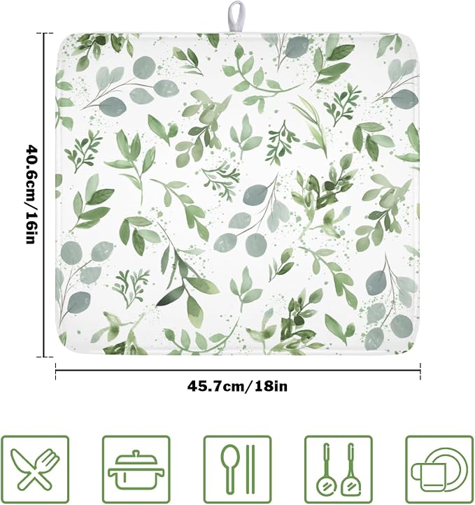 Spring Summer Sage Green Leaves Dish Drying Mat 16x18 Inch | Eucalyptus Leaf，Polyester，Absorbent Microfiber，for Kitchen Coffee Dining Bar Decor