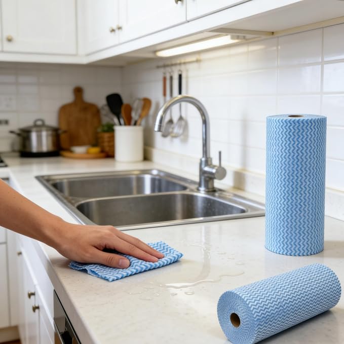 Disposable Cleaning Cloths Reusable Dish Towels Blue Kitchen Handy Wipes on Rolls 4 Roll 200 Pcs 9.84"x 13.39"
