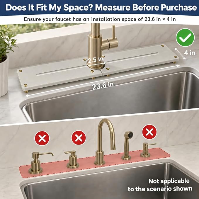 2PCS Stone Faucet Mat for Kitchen Sink, Water Absorbing Sink Tray Organizer for Bathroom Counter, Diatomite Soap Dish Coaster Caddy Riser, Sponge Holder Dispenser Mat, Gold Beige, 23.6" x 4", 1 Set