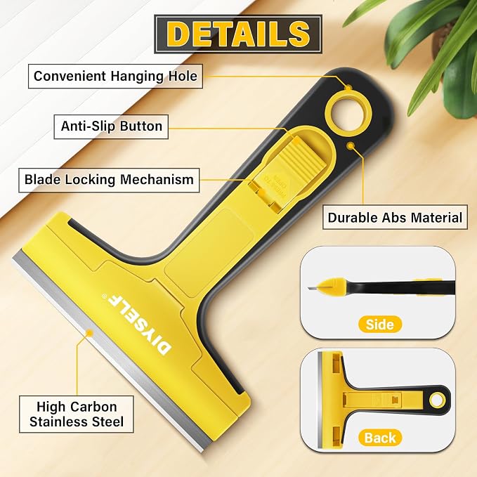 DIYSELF Floor Scraper with 10 Extra 4" Razor Blades, Razor Scraper Tool | Razor Scraper Tool for Cleaning, Glass Stove Top Scraper, Window Scraper, Paint, Cooktop, Oven Scraper, Yellow