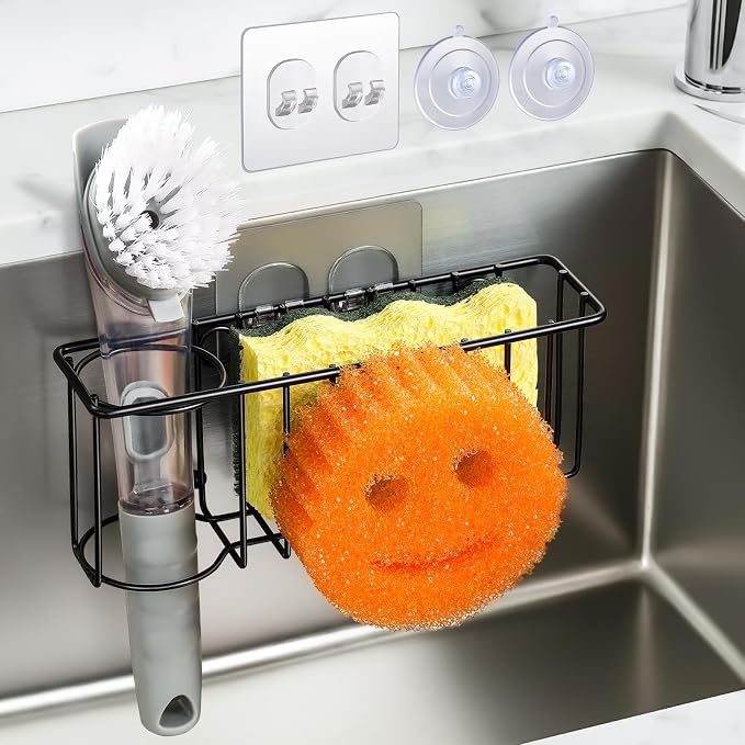 3-IN-1 Multiuse Sponge Holder for Kitchen Sink, Sponge Caddy for Scrub Daddy/Scrub Mommy Smiley Face, Sink Organizer Accessories for Dish Brush, Scrubber - with 2 Suction Cups & 1 Adhesive Hook