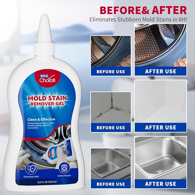 W&E Choice Mold Stain Remover Gel Cleaner for Shower, Bathroom Tile Grout and Caulk - Heavy Duty Mildew Stain Cleaner for Front Load Washing Machine Rubber Seal - No Scrubbing Gel Formula, 8.8 Fl Oz