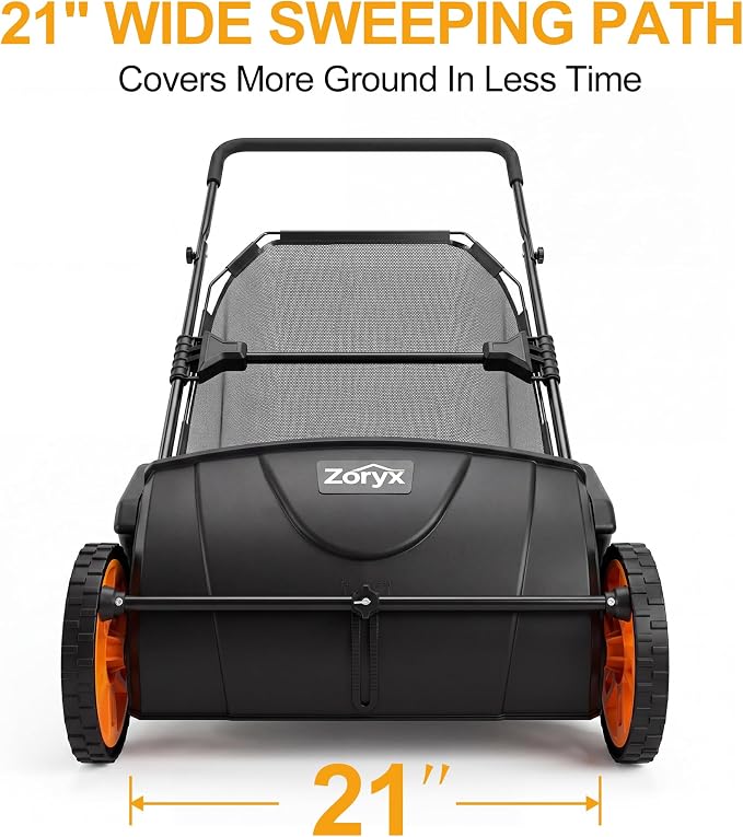 Zoryx 21-Inch Push Lawn Sweeper, Manual Leaf Sweeper for Yard & Lawn Debris, 3.5 cu.ft. Collector Bag, Artificial Turf Cleaner with Adjustable Height, Easy Assembly & Foldable Storage