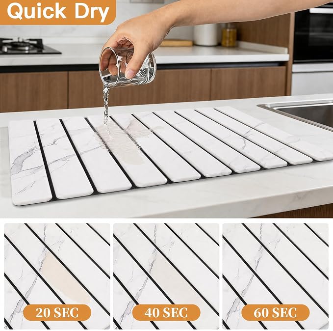 Stone Dish Drying Mat for Kitchen - Upgrade Counter Mats Quick Dry | Foldable Design, Super Absorbent, (24"×16"/ 8"x4" ) , for Dishes Cups , No Water Stains, Core Material Upgrade, White