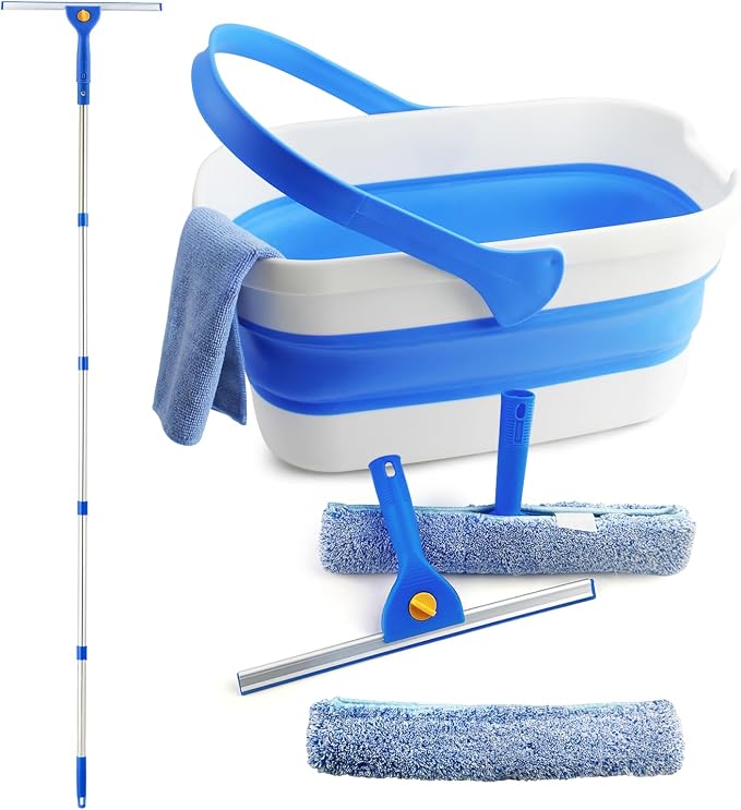 PIMEKOY Window Cleaning Kit with 3 Gal Collapsible Bucket for Home, Outdoor | 61" Long Handle Window Squeegee & Microfiber Scrubber, 3 Gal Bucket, High Window Washing Kit, Window Cleaner Tool for Glass