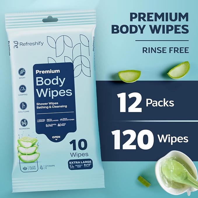 120 XL Shower Wipes – Body Wipes for Adults Bathing No Rinse – 12 Packs of 10 – Extra Moist Bath with Aloe & Vitamin E for Camping, Travel, Gym & Bedridden Care