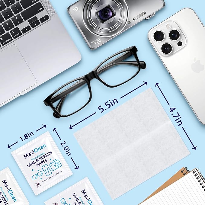 Lens Wipes for Eyeglasses – 200 Lens Wipes Individually Wrapped, Pre-moistened Eyeglass Cleaning Wipes, for Glasses Cleaner, Sunglasses, Camera Lenses, Laptop Screens, Phones, Happy Eye Glasses
