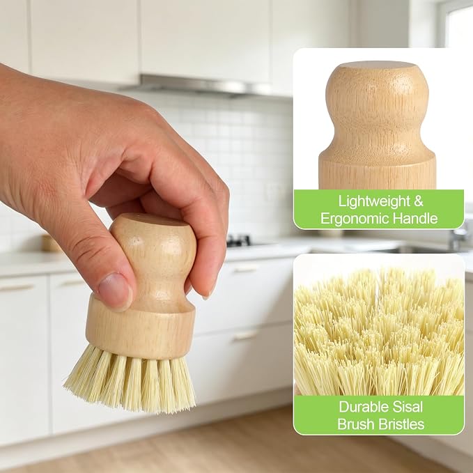 4 Pack Bamboo Dish Brush Set with Holder, 2 Sisal Dish Brushes & 1 Palm Scrub Brush, Natural Kitchen Scrub Brush for Dishes, Pots, Pans, Sink