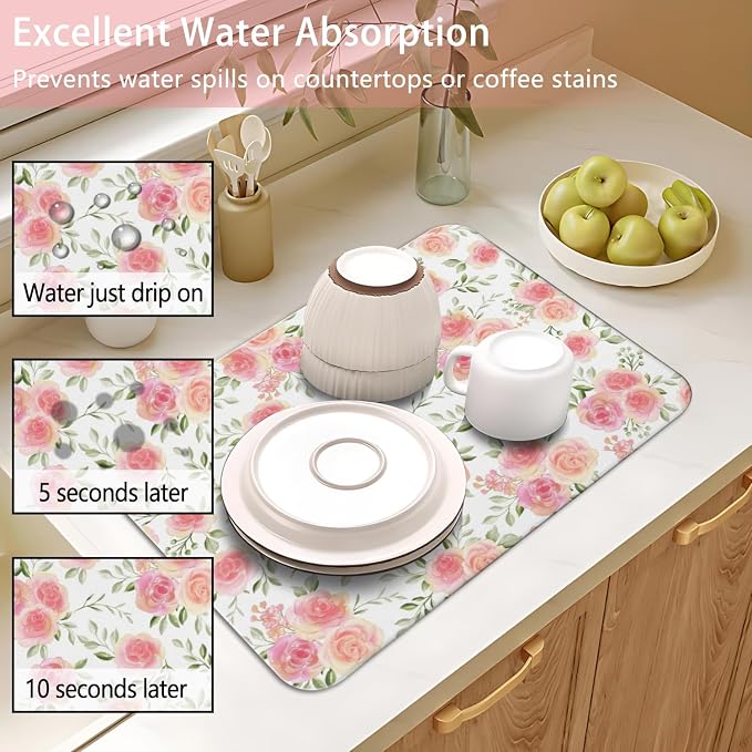 Dish Drying Mat 2-Pack in Rose Floral for Kitchen Counter Dishes Mat | Diatom Mud Mats (18x24, 19.5x12"). Non-slip rubber back for kitchen counter, coffee bar & sink scenes