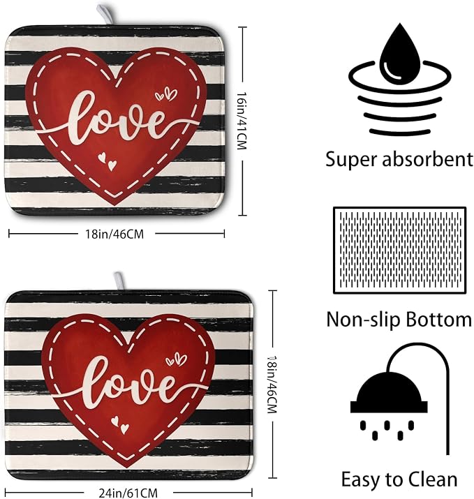 Valentine's Day Dish Drying Mat for Kitchen Counter 18x24 Black White Stripes Red Love Heart Dishes Drainer Mats Absorbent Dish Pad Large Dish Draining Mat for Coffee Bar