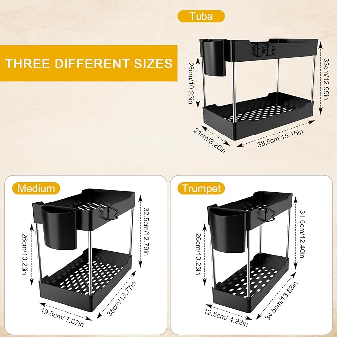 3 Pack Under Sink Organizer Bathroom and Storage Cabinet (Black) | 2 Tier with Hanging Cups for Kitchen