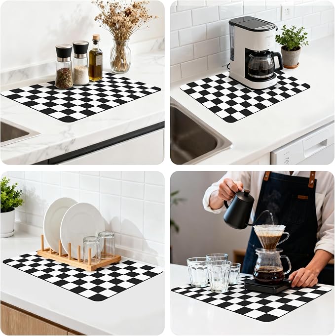 Checkered Dish Mat for Kitchen Coffee Station, 16" x 24" Black | Quick Drying & Absorbent Mat for Coffee Bar Espresso Machine Countertops Accessories