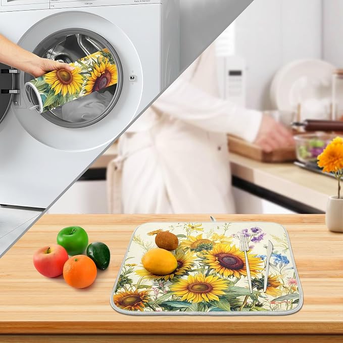 Blooming Sunflowers Dish Drying Mat for Kitchen Counter Absorbent Microfiber Large Drying Pad Dish Mats for Kitchen Countertops 18 x 24 Inch