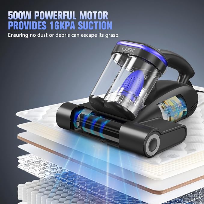 Mattress Vacuum with UV-C Light,16Kpa Bed Vacuum Cleaner for Sofa,Crib | 140°F High Heat, Ultrasonic, Double Dust Cup, Anti-Entanglement Roller, 5m Cord, 500W Motor, for Mattress, Couch, Pet Bed